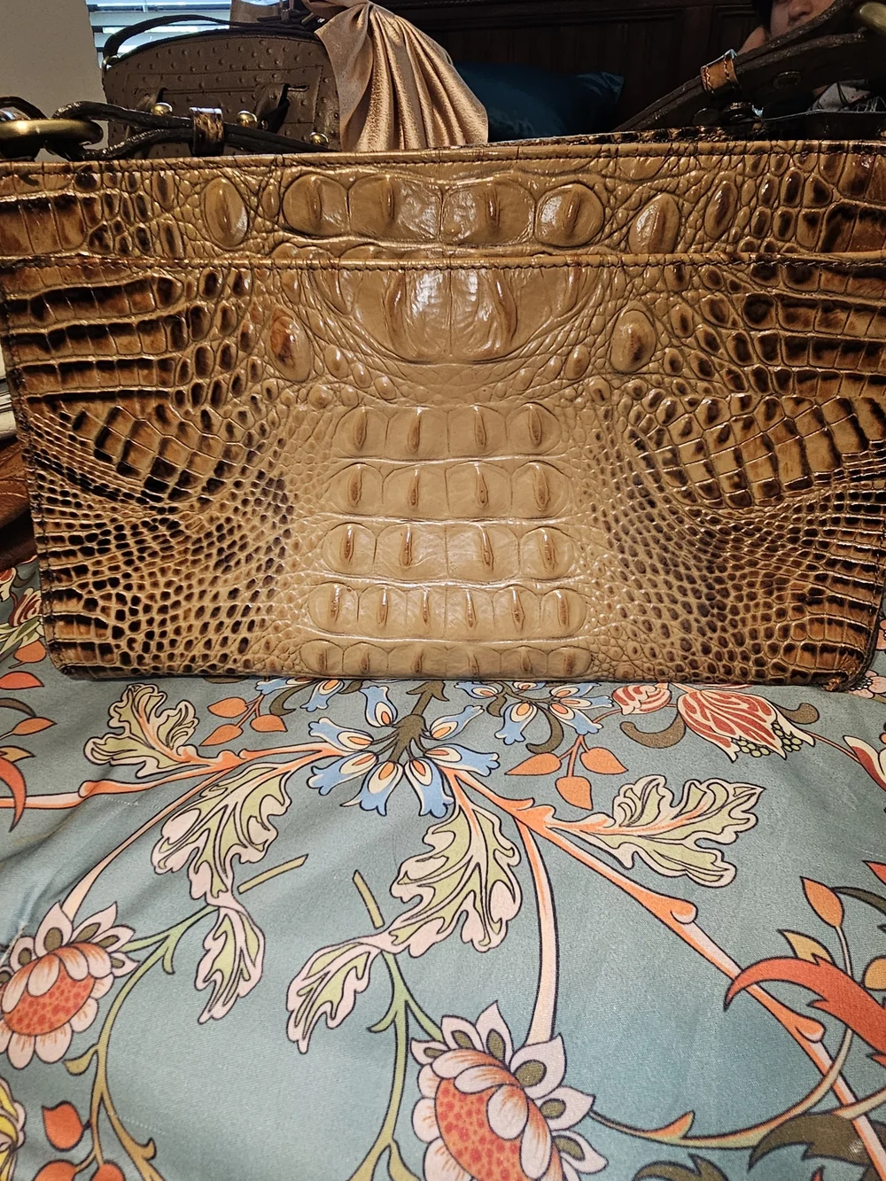 Brahmin Croc-Embossed Tan Satchel with Gold Plaque